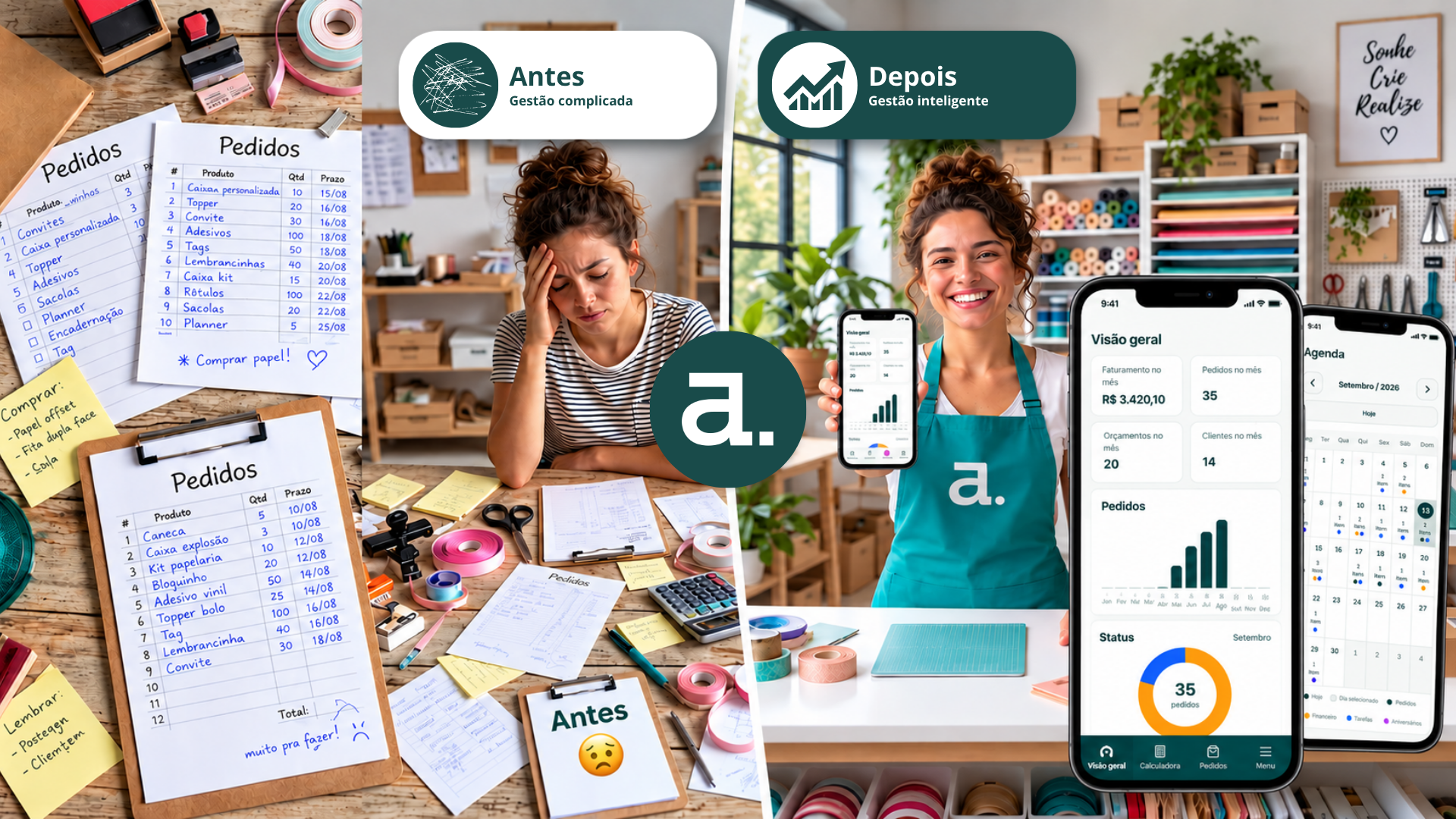 Ilustração do Arteiros: catálogo, pedidos, orçamentos e financeiro em um só lugar.